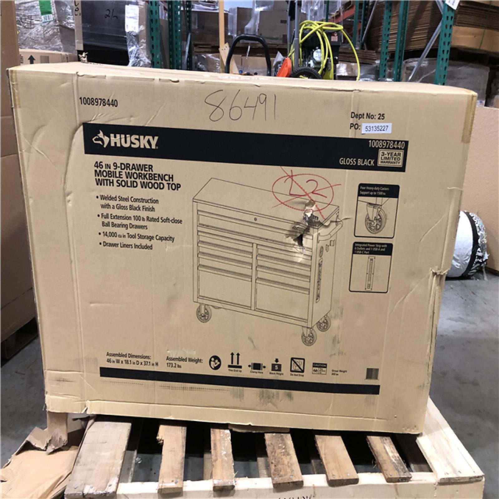 DALLAS LOCATION- Husky Tool Storage 46 in. W x 18 in. D 9-Drawer Mobile Workbench Cabinet in Gloss Black