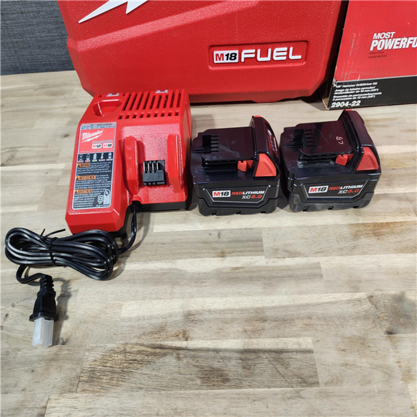 HOUSTON LOCATION - AS-IS Milwaukee 2904-22 Hammer Drill Driver Kit with Batteries  Charger & Tool Case  Red