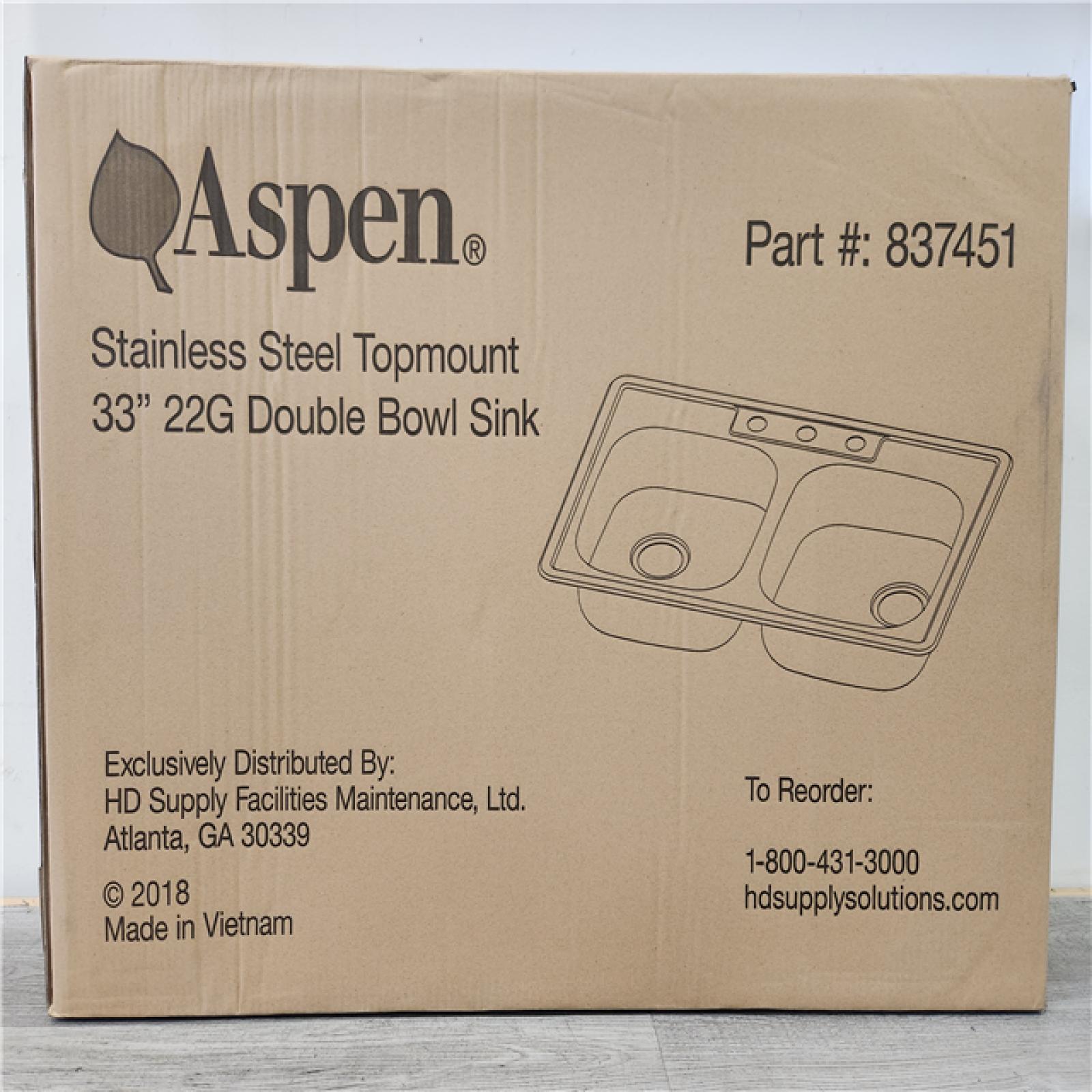 Phoenix Location NEW Aspen Stainless Steel Top mount 33 22G Double Bowl Sink Pallet (20 Sinks) (SEALED)