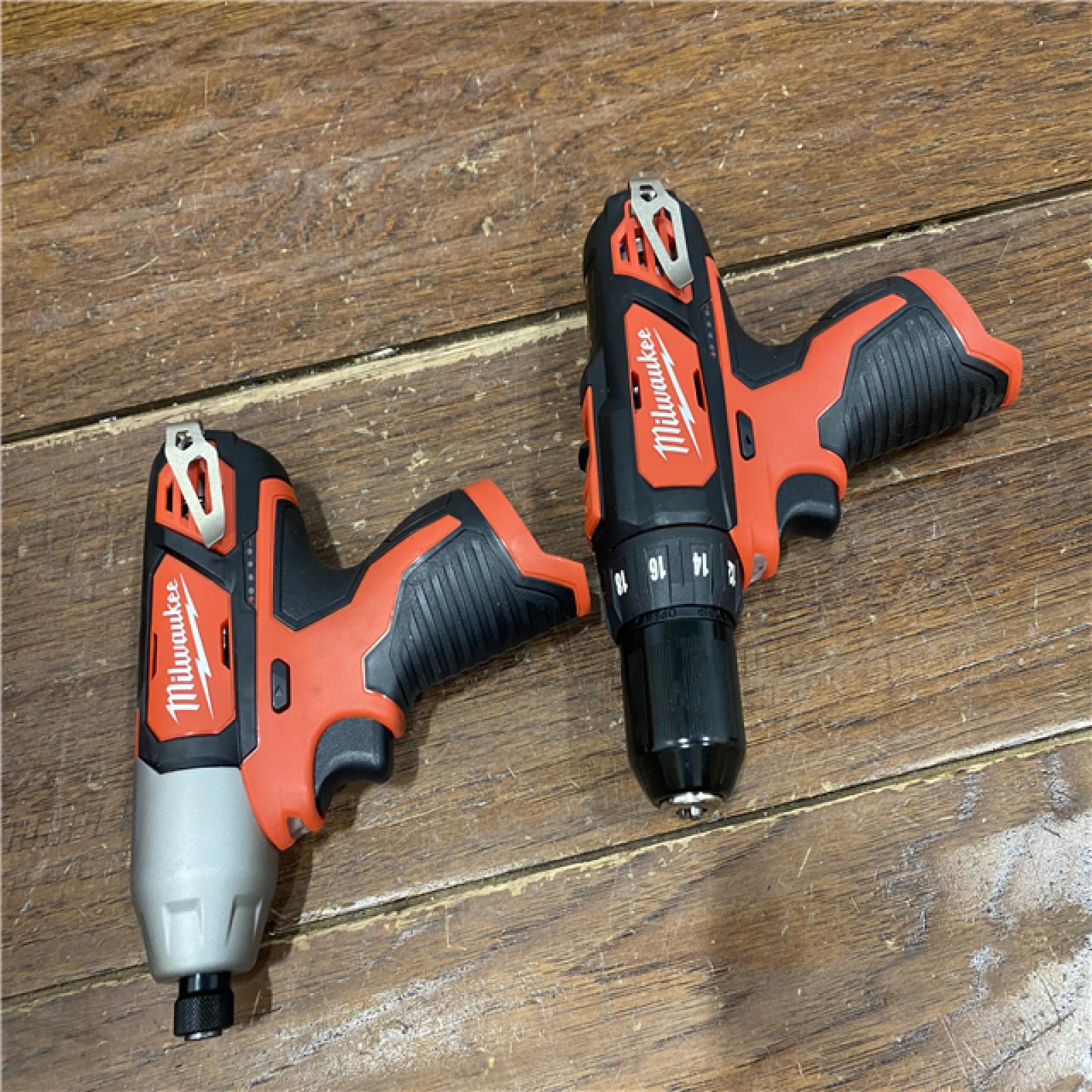 AS-IS Milwaukee 2494-22 M12 Cordless Combination 3/8  Drill / Driver and 1/4  Hex Impact Driver Dual Power Tool Kit (2 Lithium Ion Batteries  Charger  and B