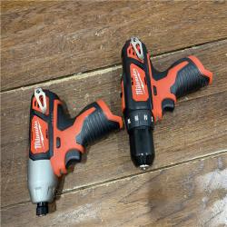 AS-IS Milwaukee 2494-22 M12 Cordless Combination 3/8  Drill / Driver and 1/4  Hex Impact Driver Dual Power Tool Kit (2 Lithium Ion Batteries  Charger  and B