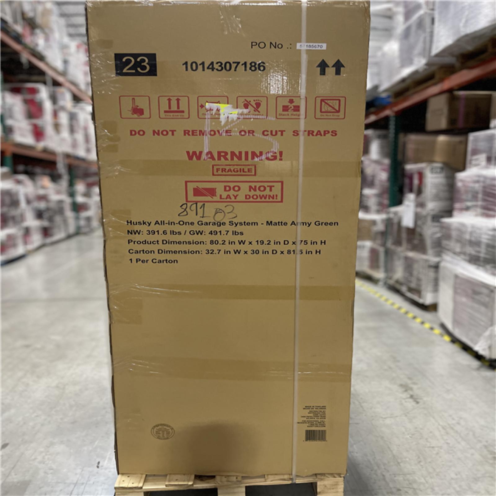 DALLAS LOCATION - Husky 80.2 in. W x 75 in. H x 19.2 in. D Steel 8-Piece Garage Storage System in Matte Army Green with Solid Wood Worktop