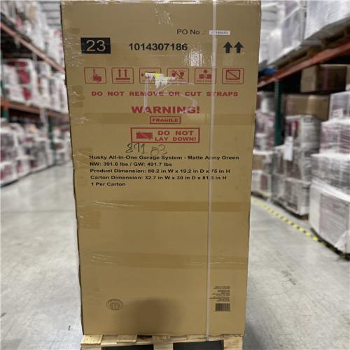 DALLAS LOCATION - Husky 80.2 in. W x 75 in. H x 19.2 in. D Steel 8-Piece Garage Storage System in Matte Army Green with Solid Wood Worktop