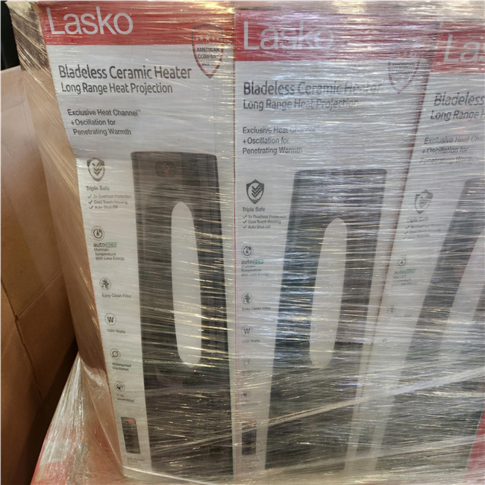 Phoenix NEW Lasko Bladeless 1500W 28 in. Black Electric Oscillating Tower Ceramic Space Heater with Remote Control and Digital Display Pallet of 38