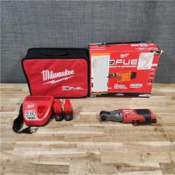 HOUSTON LOCATION - AS-IS (APPEARS LIKE NEW) Milwaukee M12 FUEL 12-Volt Lithium-Ion Brushless Cordless 3/8 in. Ratchet Kit with (2) 2.0Ah Batteries  Charger & Tool Bag