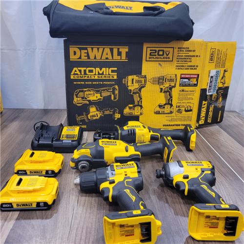 AS-IS DEWALT ATOMIC 20-Volt Lithium-Ion Cordless Brushless Combo Kit (4-Tool) with (2) 2.0Ah Batteries, Charger and Bag