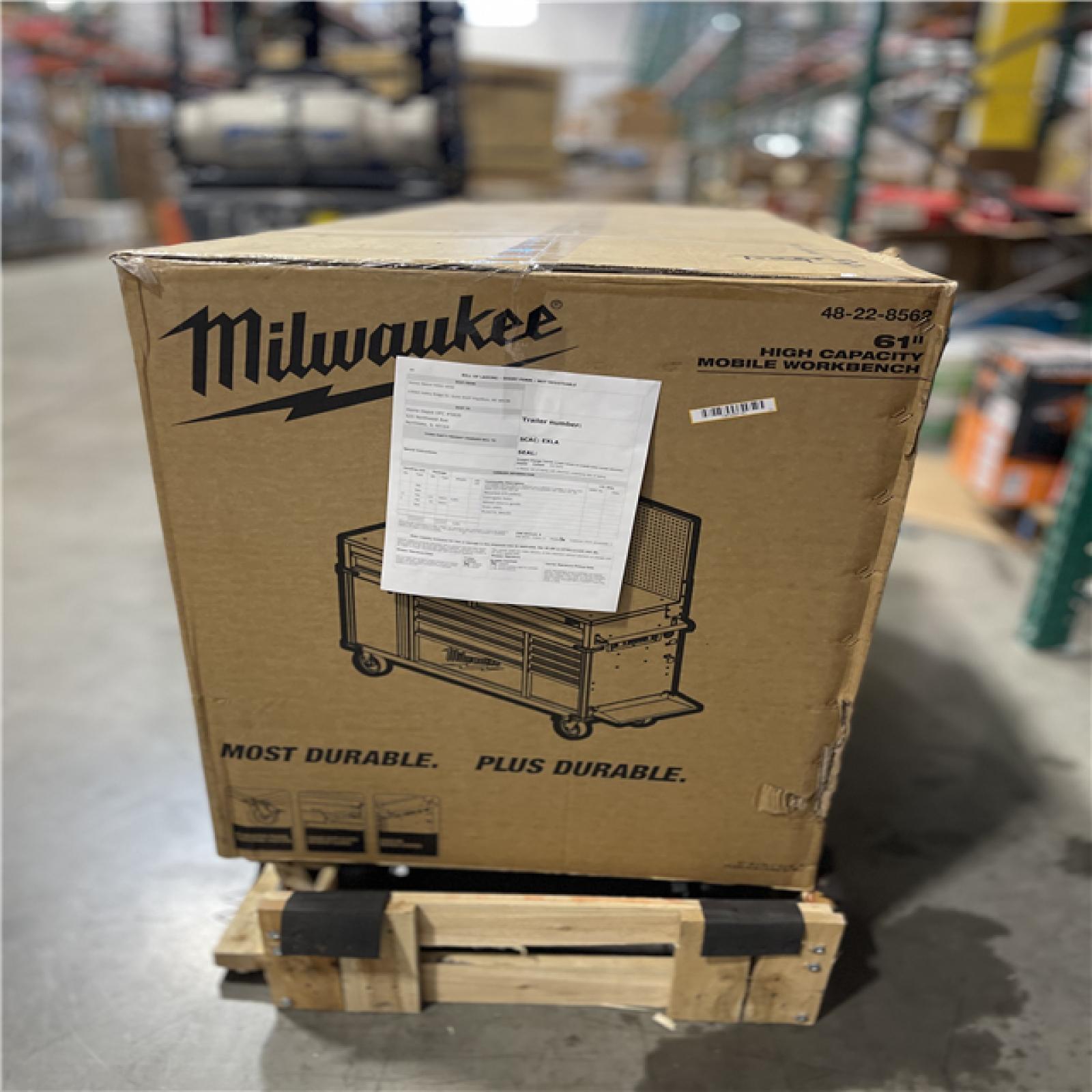 DALLAS LOCATION- Milwaukee High-Capacity 61 in. W x 22 in. D 11-Drawer Mobile Workbench Cabinet with Solid Wood Top and Pegboard