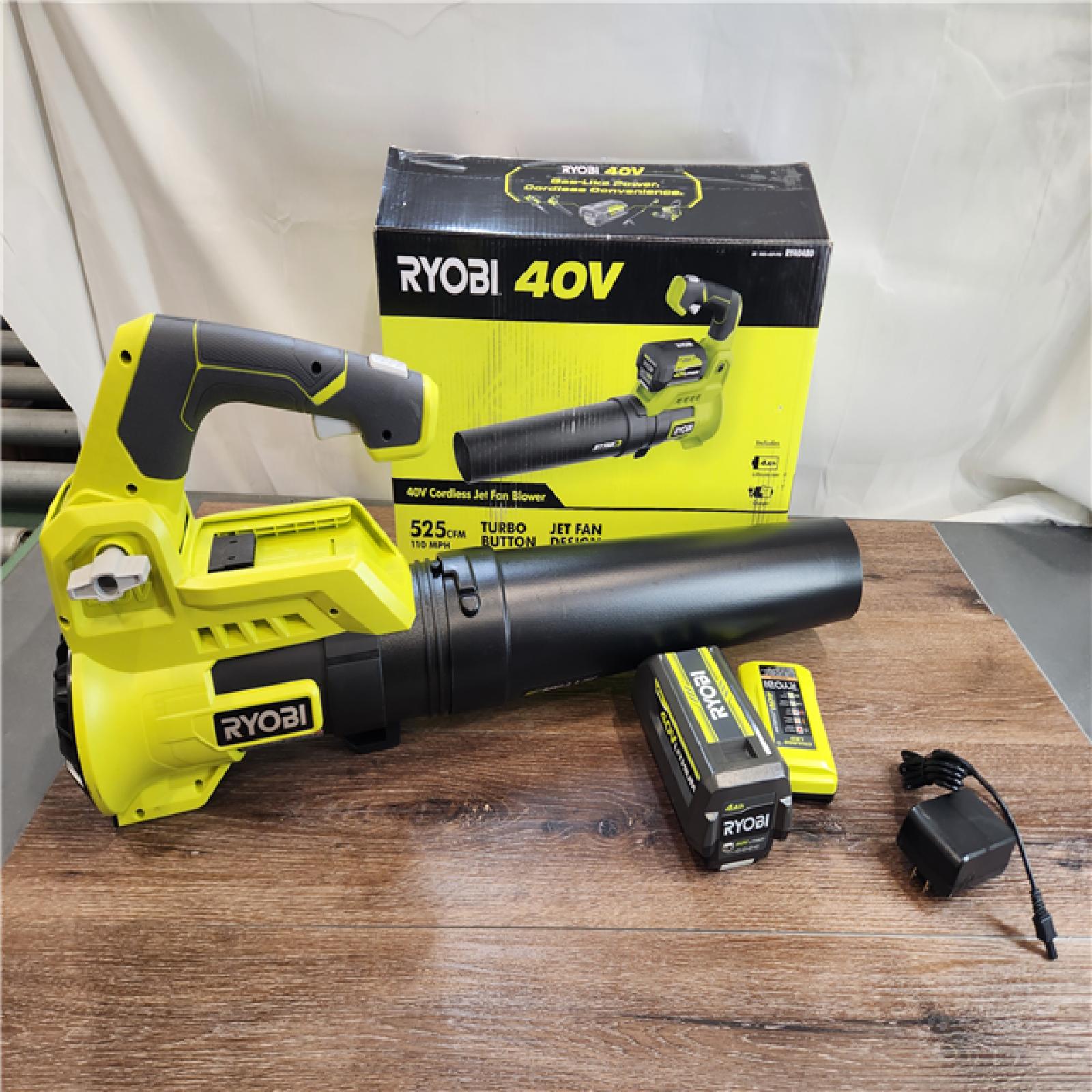 AS-IS RYOBI 40V 110 MPH 525 CFM Cordless Battery Variable-Speed Jet Fan Leaf Blower with 4.0 Battery and Charger