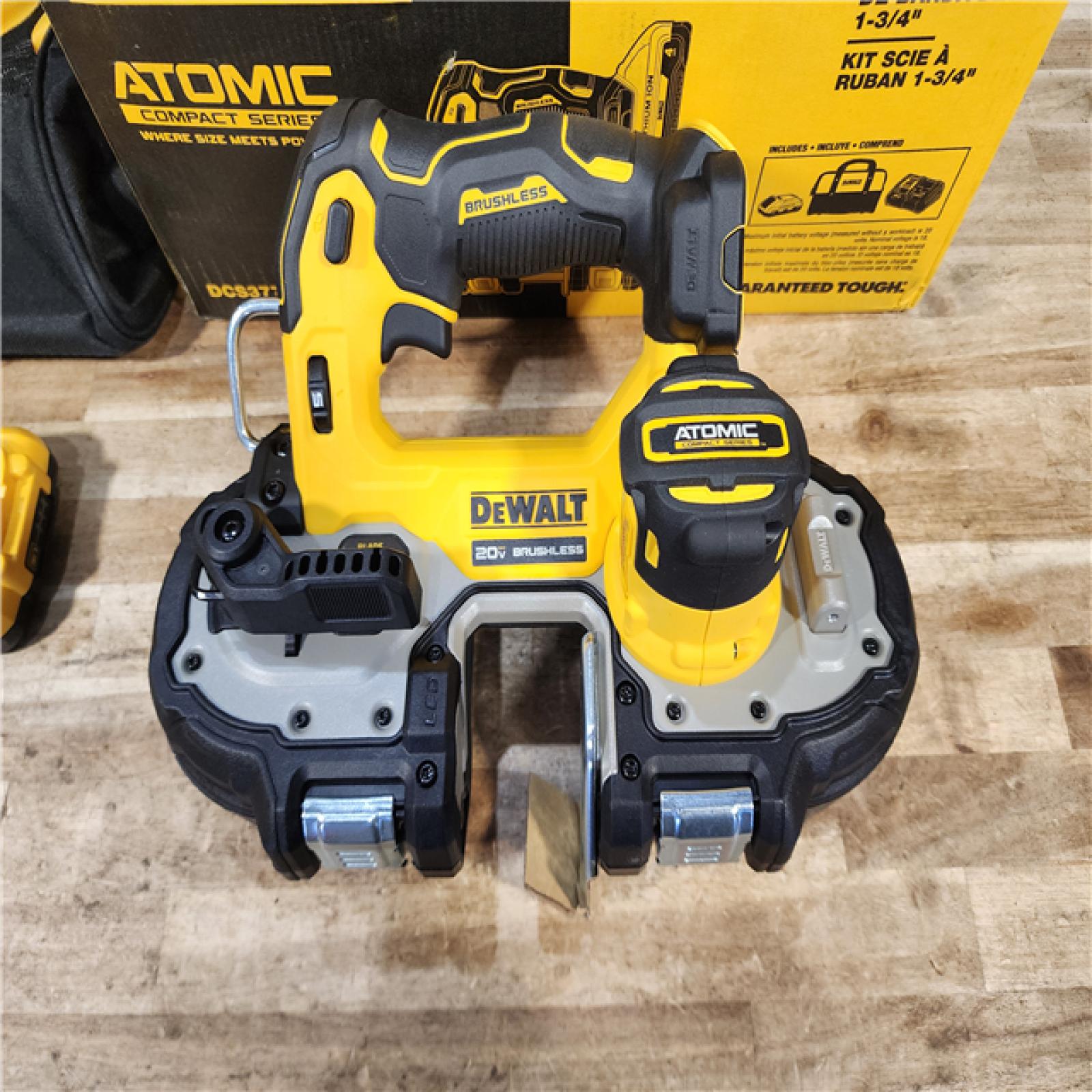 HOUSTON LOCATION - AS-IS DEWALT ATOMIC 20V MAX Lithium-Ion Cordless Brushless 1-3/4 in. Bandsaw Kit with 4.0Ah Battery  Charger and Bag
