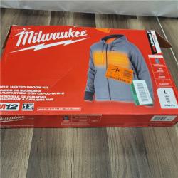 AS-IS Milwaukee Men's Large M12 12-Volt Lithium-Ion Cordless Gray Heated Jacket Hoodie Kit with (1) 2.0 Ah Battery and Charger