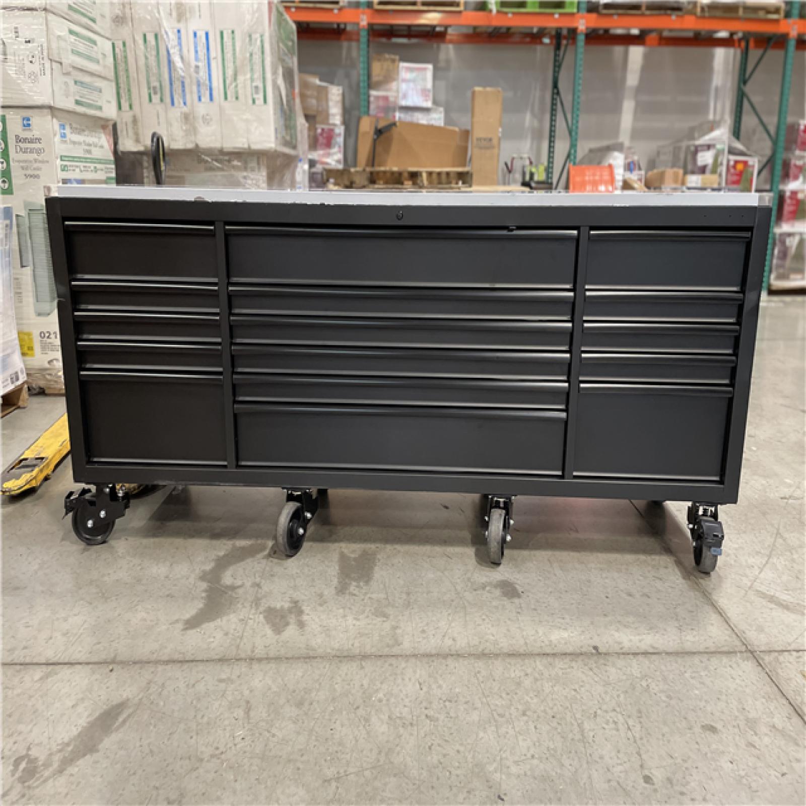 DALLAS LOCATION- Husky 96 in. W x 24 in. D 16-Drawer Heavy-Duty Mobile Workbench with Stainless Steel Top in Matte Black