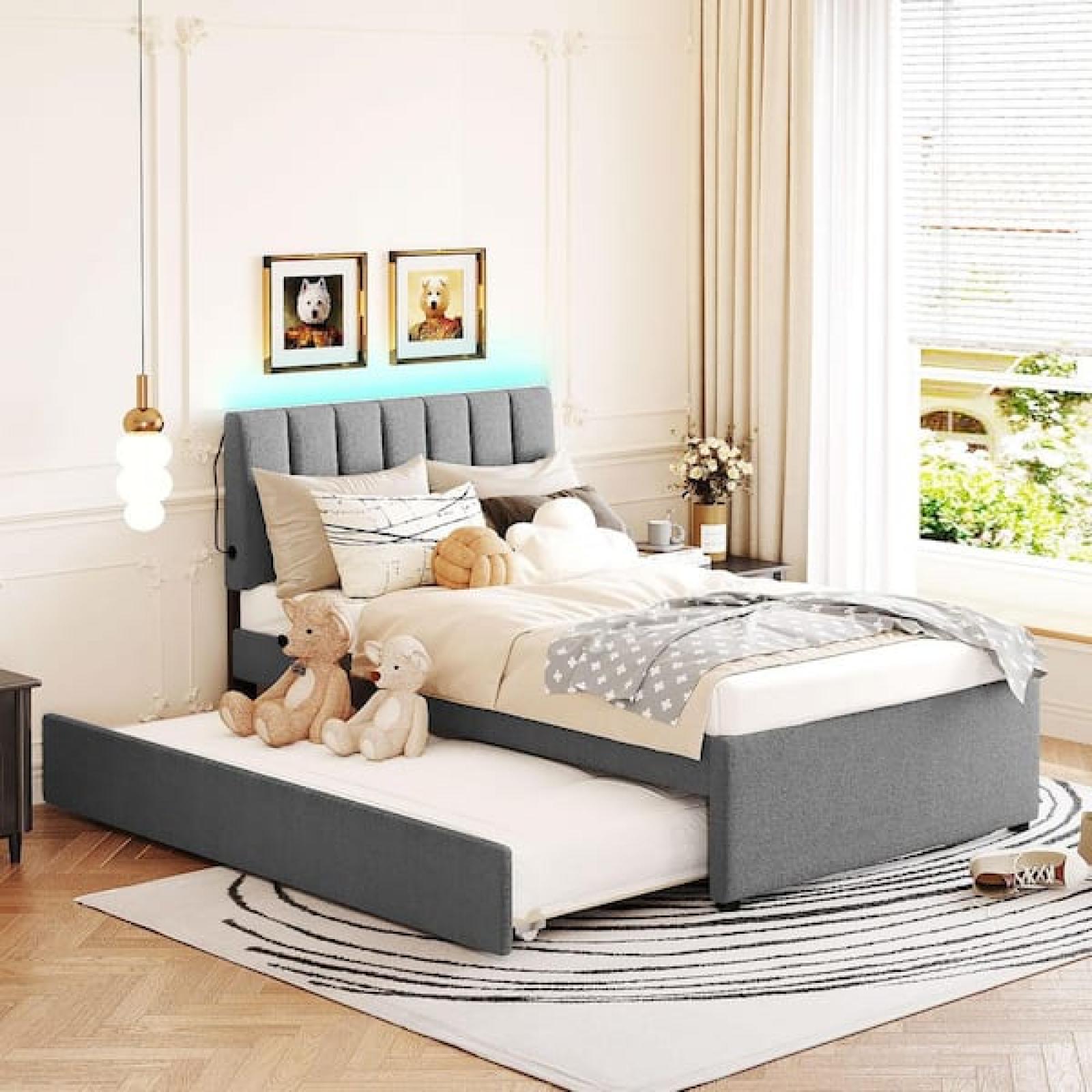 Phoenix NEW Harper & Bright Designs Gray Wood Frame Twin Size Teddy Fleece Size Upholstered Platform Bed with Trundle and LED Lights