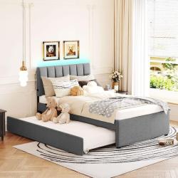 Phoenix NEW Harper & Bright Designs Gray Wood Frame Twin Size Teddy Fleece Size Upholstered Platform Bed with Trundle and LED Lights