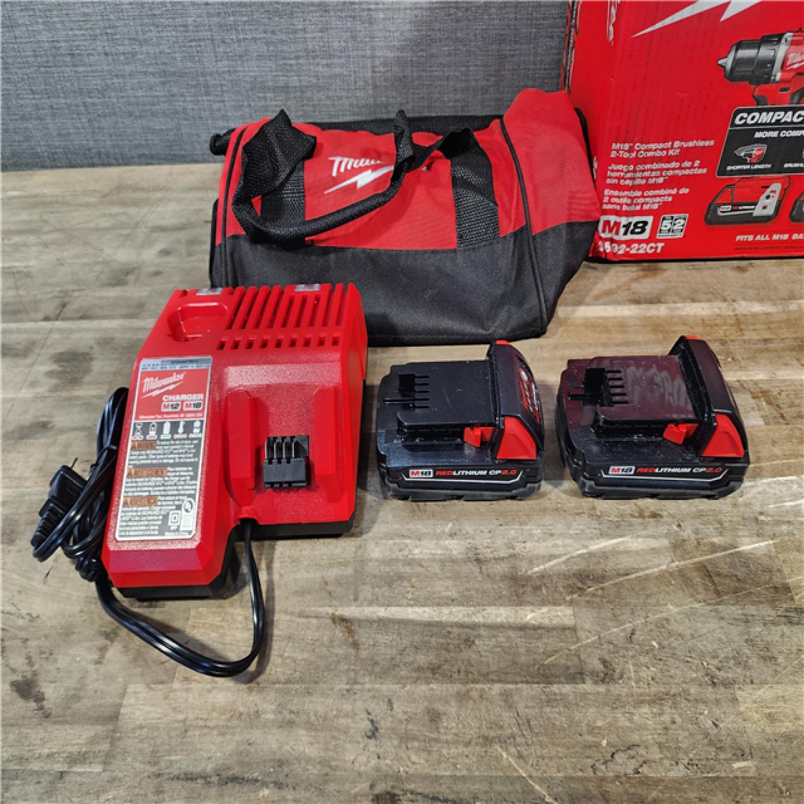 HOUSTON LOCATION - AS-IS Milwaukee M18 18V Lithium-Ion Brushless Cordless Compact Drill/Impact Combo Kit (2-Tool) W/(2) 2.0 Ah Batteries  Charger & Bag