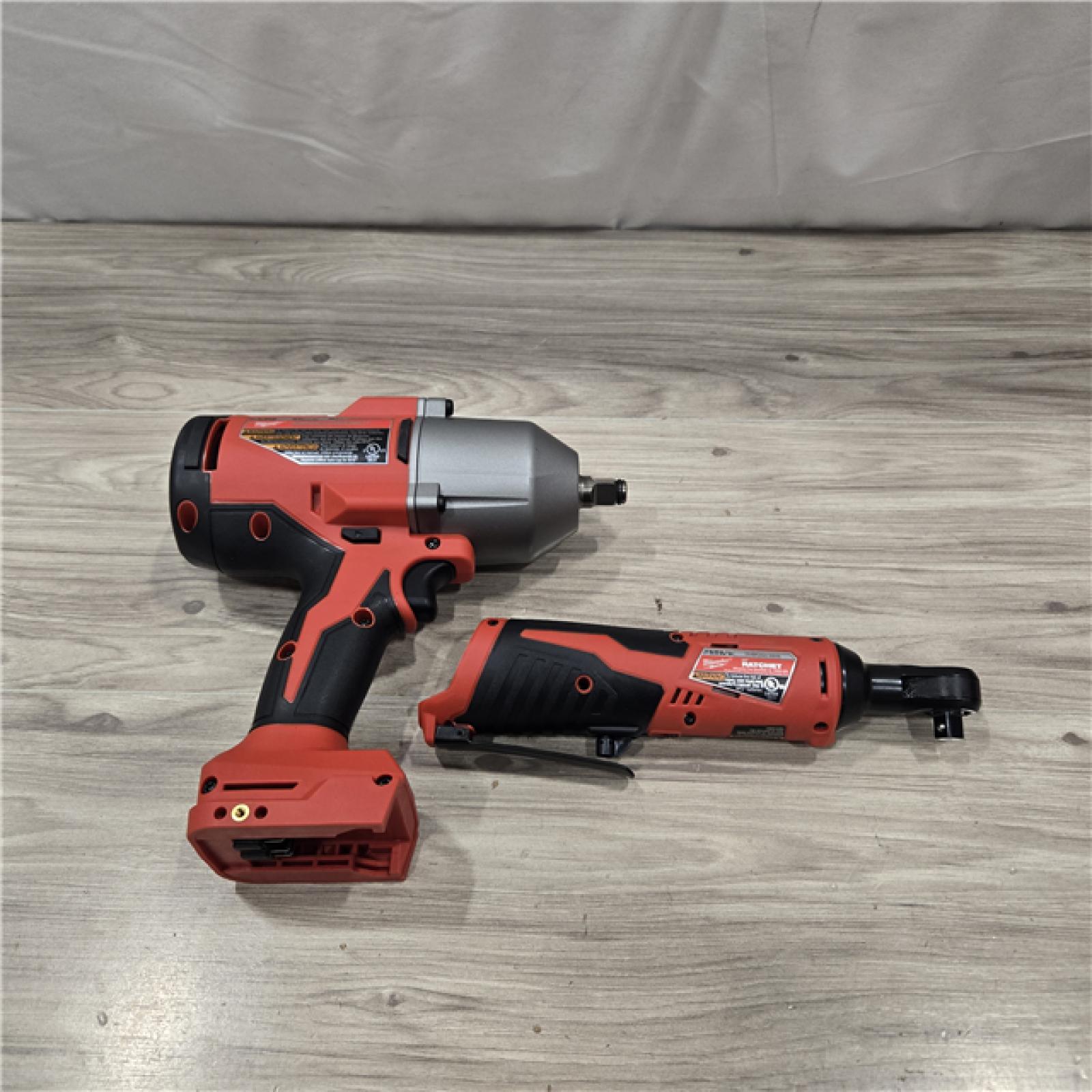 AS-IS Milwaukee M12/M18 12/18V Cordless 3/8 in. Ratchet and 1/2 in. High Torque Impact Wrench Kit