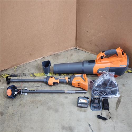 HOUSTON LOCATION - AS-IS (APPEARS LIKE NEW) RIDGID 18V Brushless 14 in. Cordless Battery String Trimmer and Leaf Blower 2-Tool Combo Kit with 4.0 Ah Battery and Charger