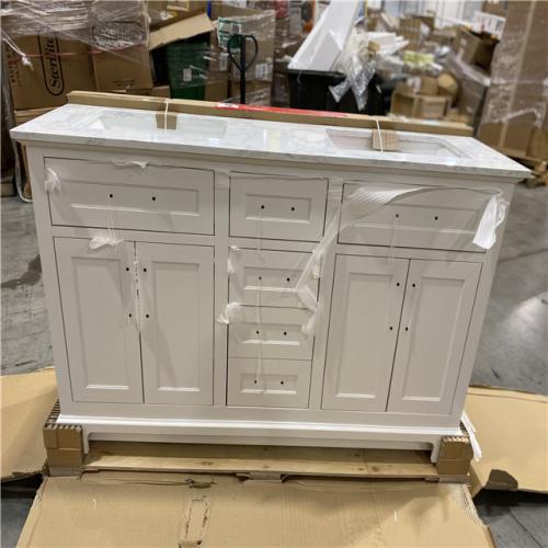 DALLAS LOCATION -  Home Decorators Collection Doveton 60 in. Double Sink Freestanding White Bath Vanity with White Engineered Marble