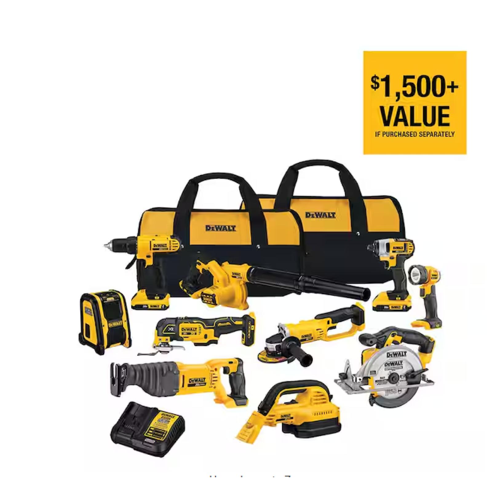 AS-IS DEWALT 20V MAX Cordless 10 Tool Combo Kit with (2) 20V 2.0Ah Batteries, Charger, and Bag