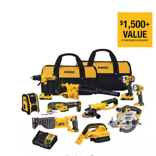 AS-IS DEWALT 20V MAX Cordless 10 Tool Combo Kit with (2) 20V 2.0Ah Batteries, Charger, and Bag