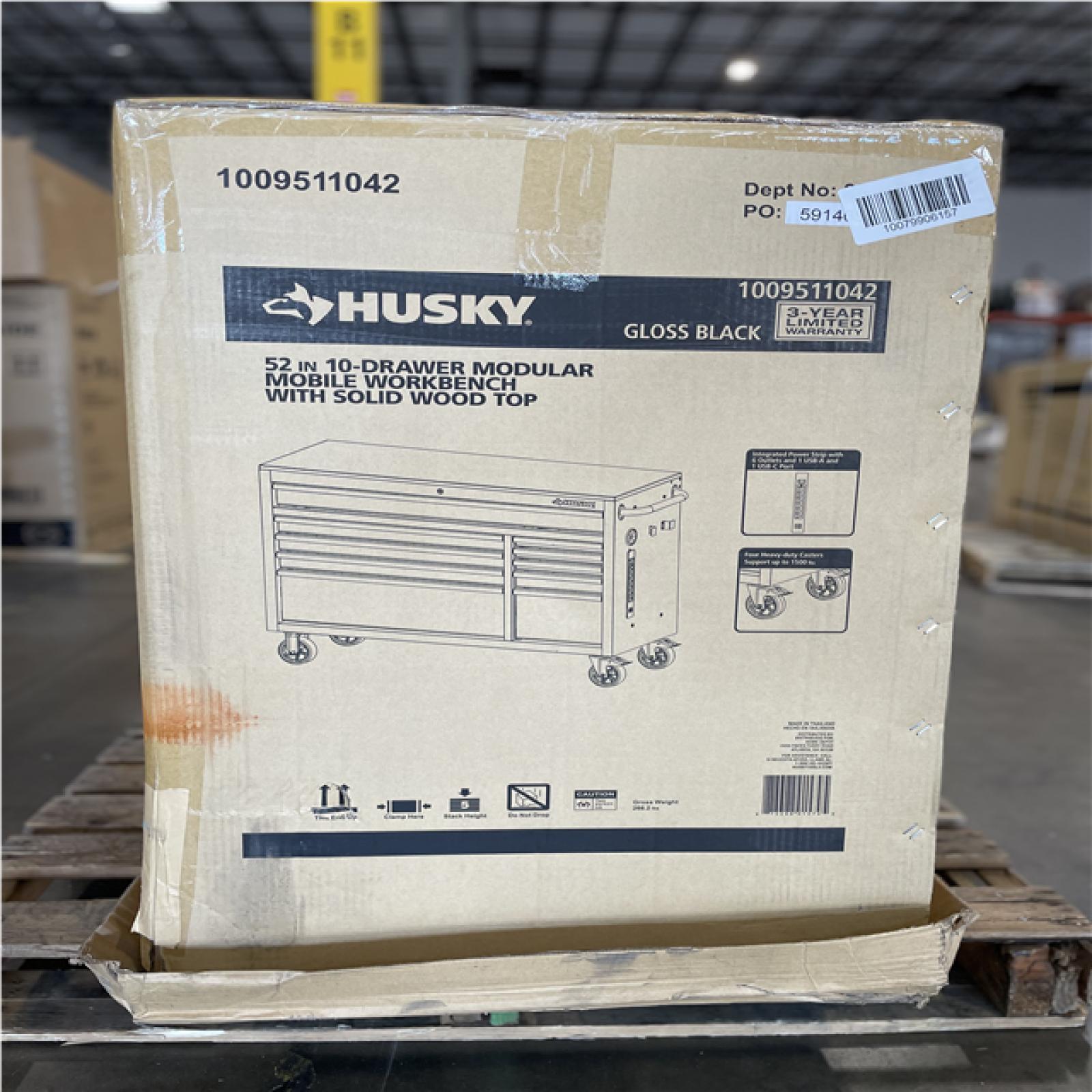 DALLAS LOCATION- AS-IS HUSKY 52 in. W x 20 in. 10 Drawer Mobile Workbench Gloss Black/Wood Top