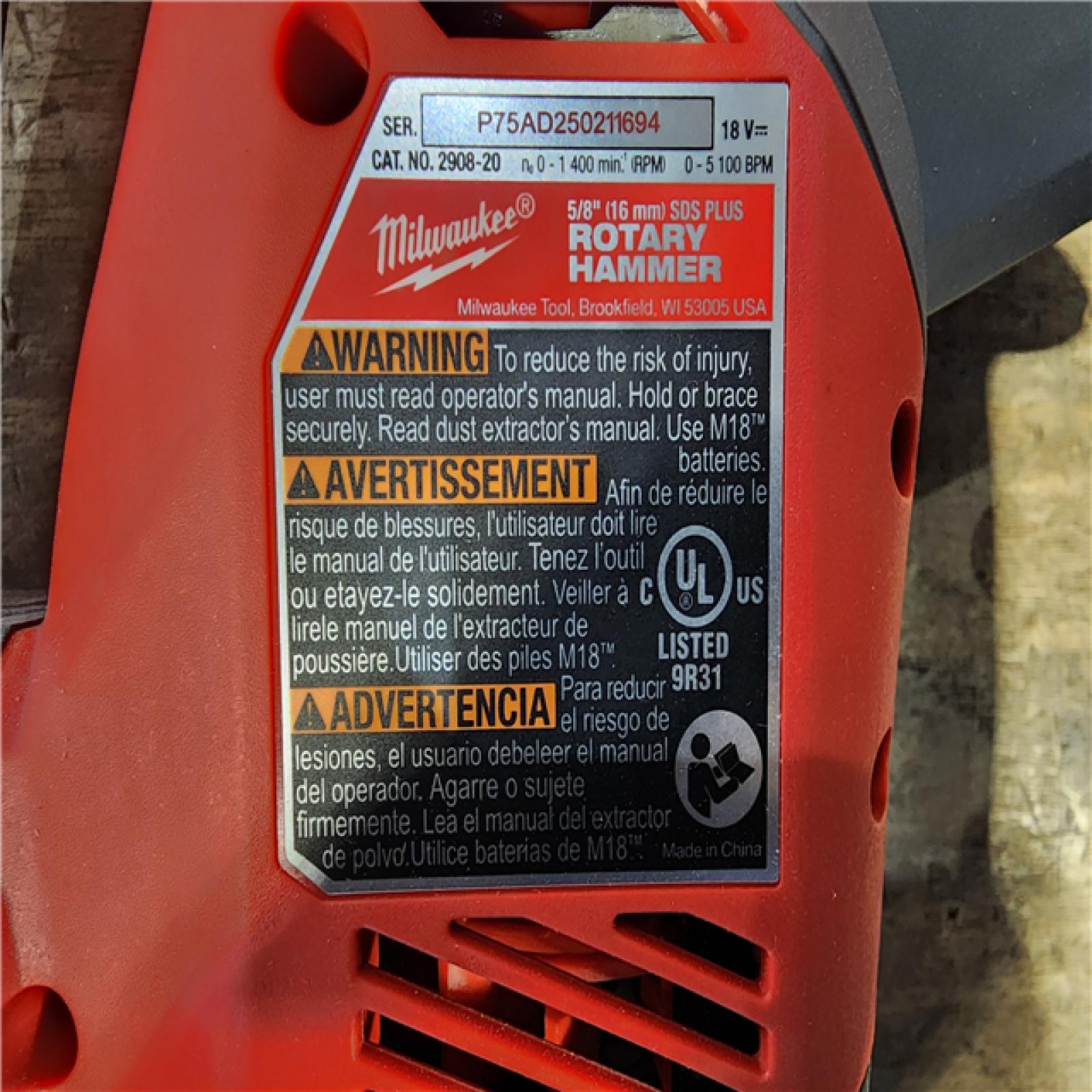 HOUSTON LOCATION - AS-IS Milwaukee M18 FUEL 18V Lithium-Ion Brushless Cordless 5/8 in. SDS-Plus Rotary Hammer (Tool-Only)
