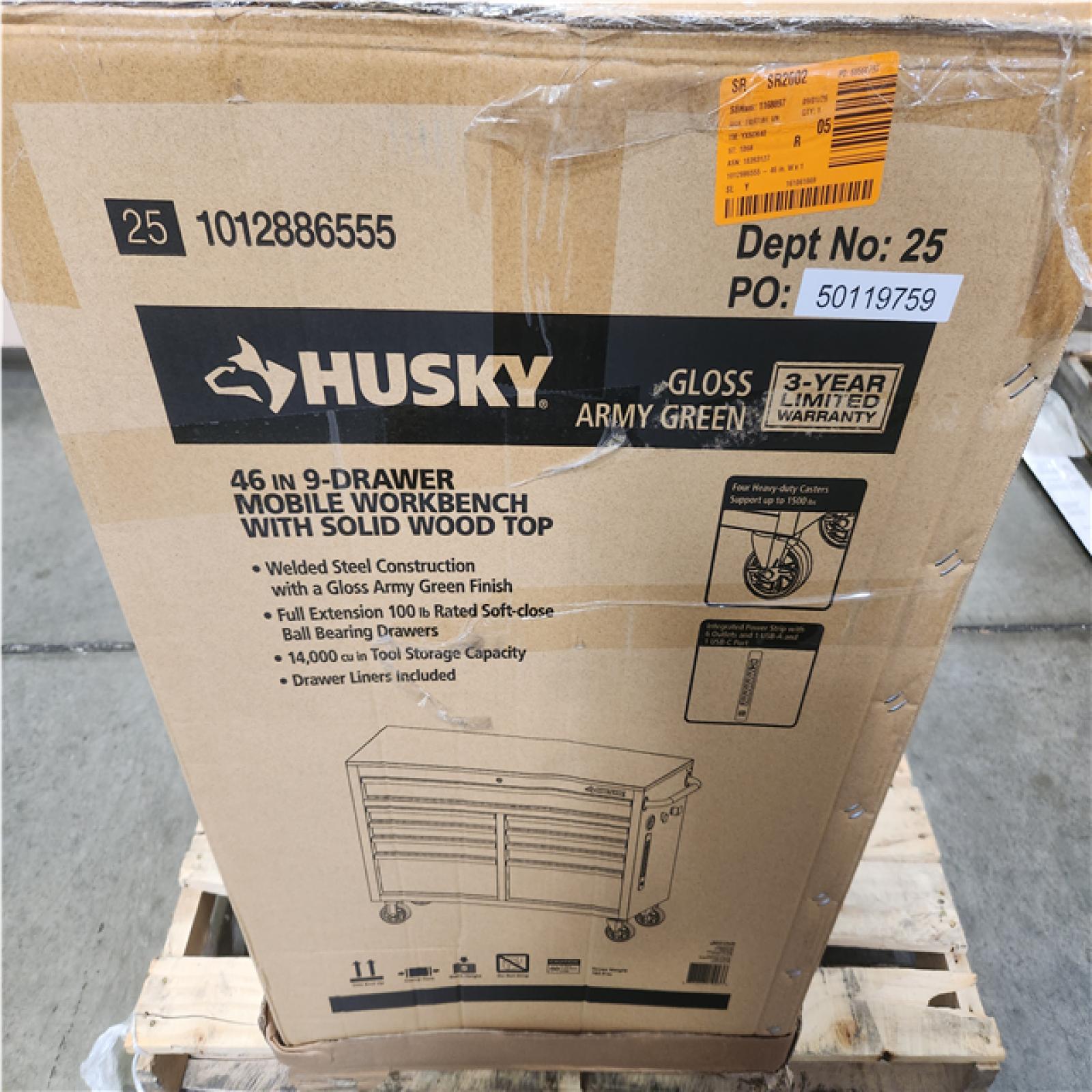 Phoenix NEW Husky 46 in. W x 18.1 in. D 9-Drawer Army Green Mobile Workbench Cabinet with Solid Wood Top