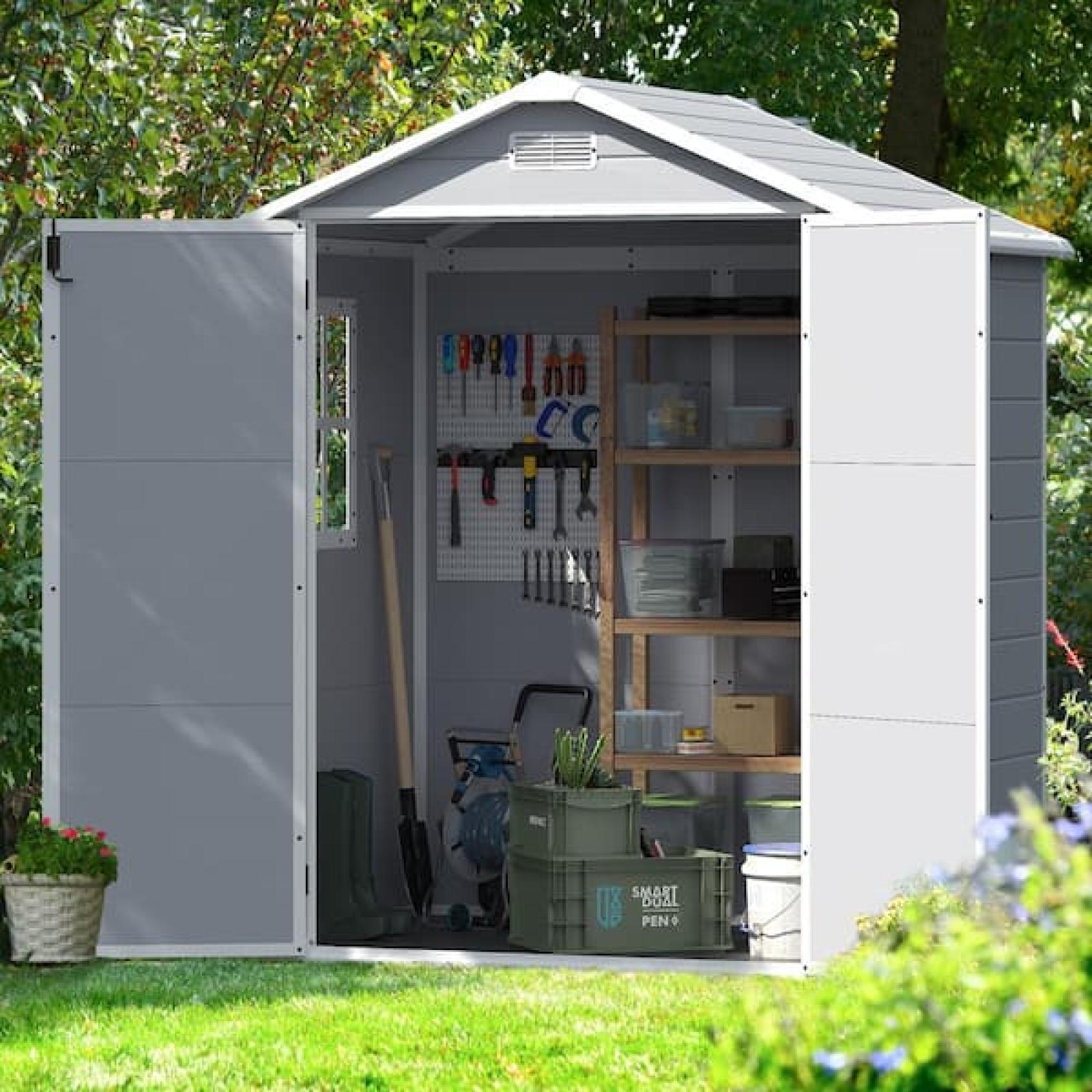 Phoenix NEW Tozey 6 ft. W x 4 ft. D Matte Gray Patio Resin Shed Extruded Plastic Outdoor Storage Shed with Window and Floor 22.5 sq. ft.