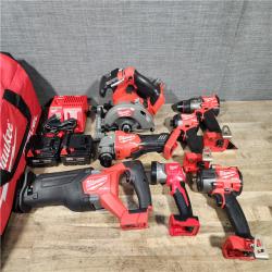 HOUSTON LOCATION - AS-IS (APPEARS LIKE NEW) Milwaukee M18 FUEL 18V Lithium-Ion Brushless Cordless Combo Kit with Two 5.0 Ah Batteries  1 Charger  2 Tool Bags (7-Tool)