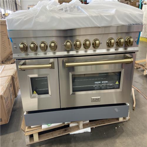 DALLAS LOCATION - ZLINE Kitchen and Bath 48 in. 7 Burner Double Oven Dual Fuel Range with 4500 BTU Burners  Adjustable Leg Height  Gliding/Roll Out Racks