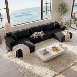 Phoenix LIKE NEW FUFU&GAGA 134 in. Square Arm 3-Pieces Corduroy Upholstered U-Shaped with 5 Pillows Modern Modular Sectional Sofa in. Black