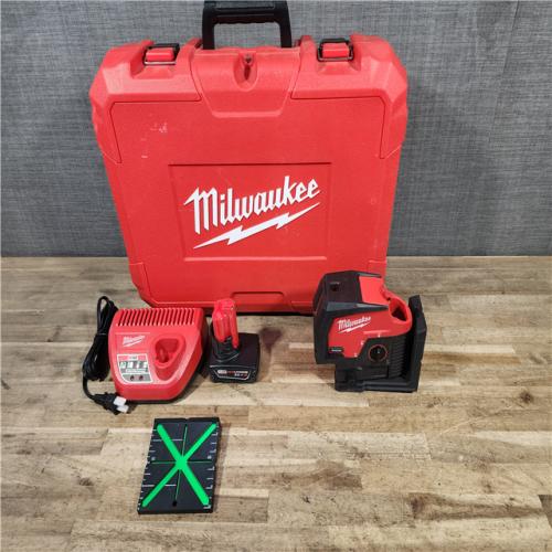 HOUSTON LOCATION - AS-IS Milwaukee 12-Volt Lithium-Ion Cordless Green 125 ft. Cross Line and Plumb Points Laser Level Kit