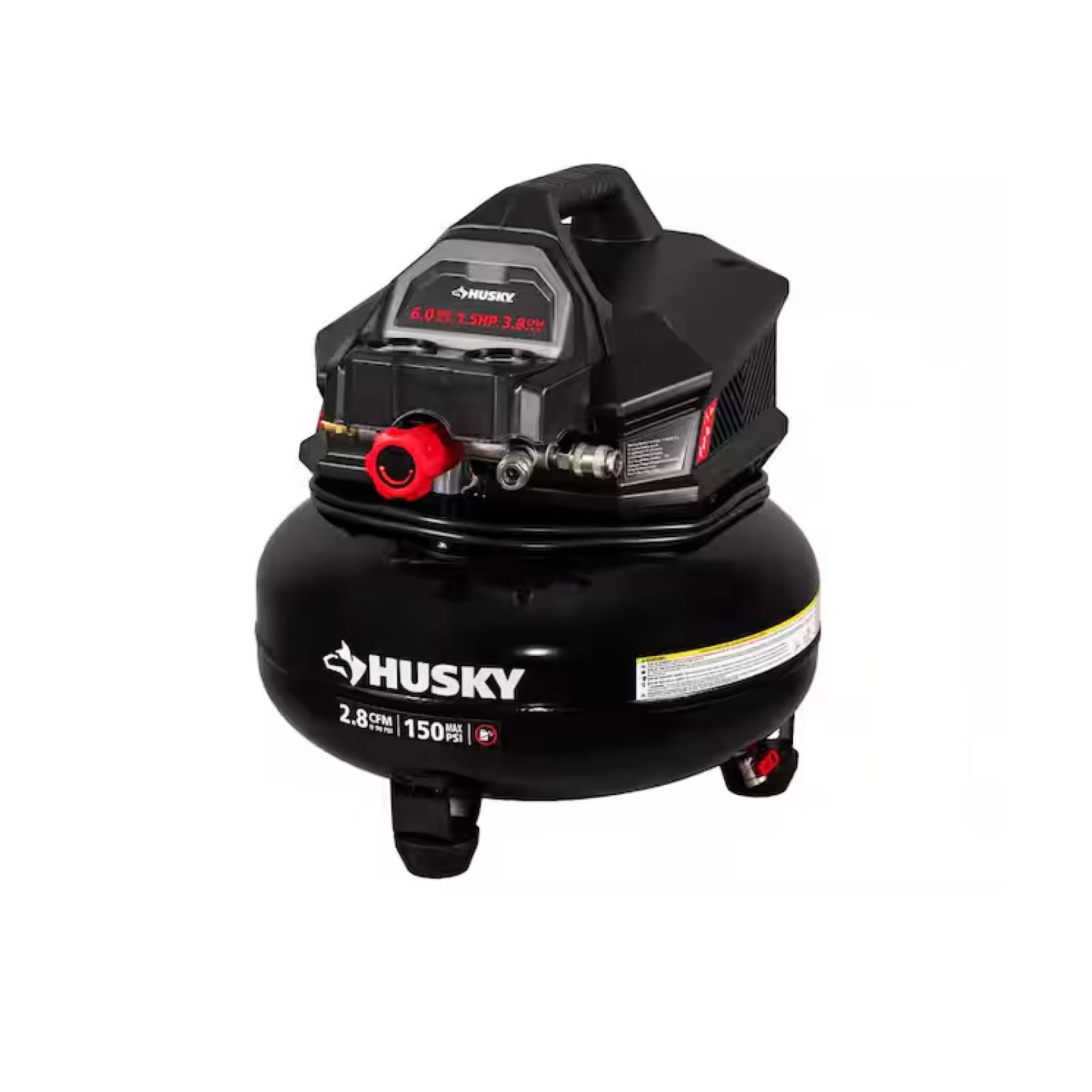 NEW! -  Husky 6 Gal. 150 PSI Portable Electric Oil-Free Jobsite Pancake Air Compressor with Dual Pressure Gauges and 2-Quick Couplers