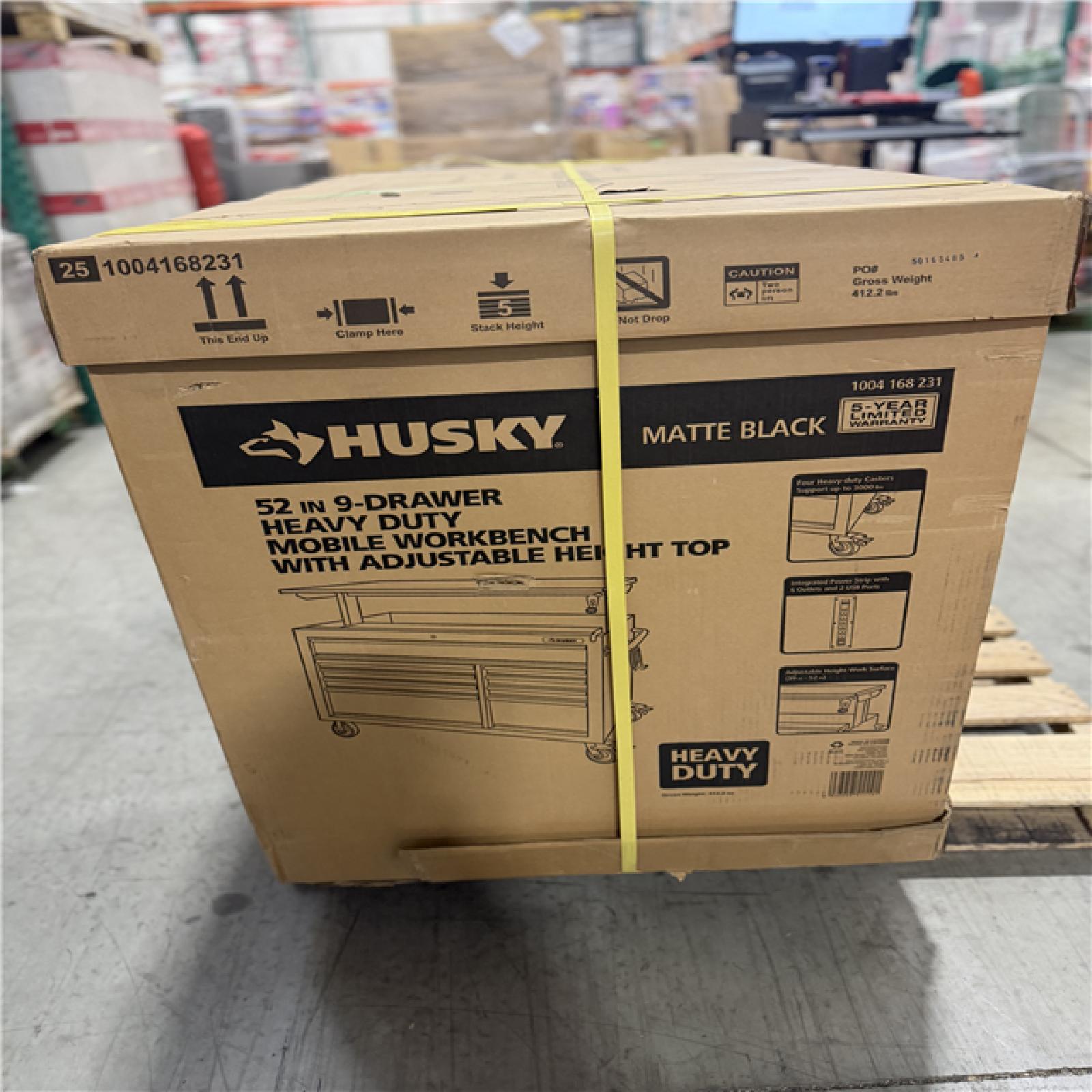 DALLAS LOCATION - Husky 52 in. W x 25 in. D Heavy Duty 9-Drawer Mobile Workbench Cabinet with Adjustable-Height Hardwood Top in Matte Black