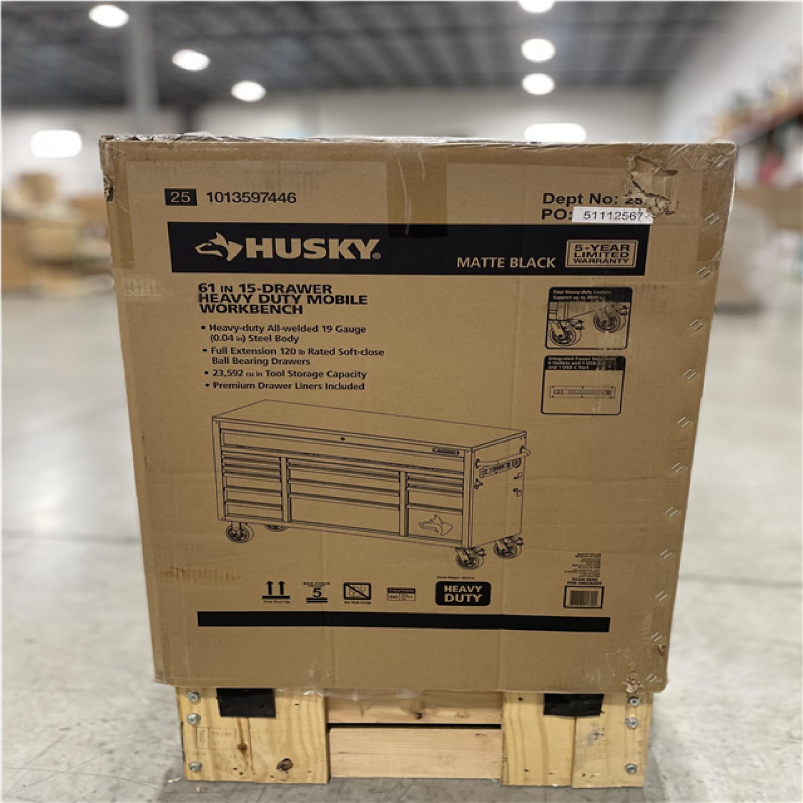 DALLAS LOCATION - HUSKY Heavy Duty 61 in. W x 22 in. D 15-Drawer Matte Black Mobile Workbench w Wood Top
