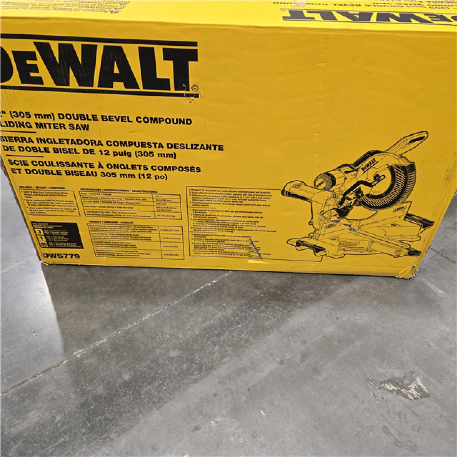 AS-IS DEWALT 15 Amp Corded 12 in. Double Bevel Sliding Compound Miter Saw, Blade Wrench and Material Clamp