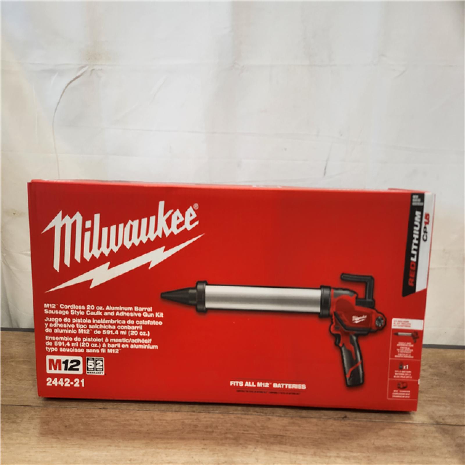 NEW- Milwaukee 12V Lithium-ion Cordless 20 oz. Aluminum Barrel Adhesive and Caulk Gun Kit