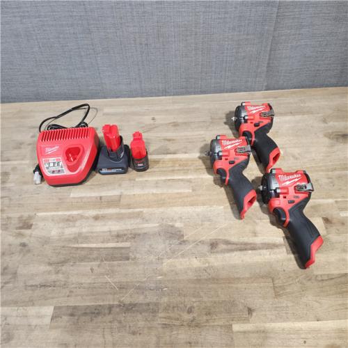 HOUSTON LOCATION - AS-IS (3) Milwaukee M12 FUEL 12V Li-Ion Brushless Cordless Stubby 3/8 in. Impact Wrench Kit W/ (2) BATTERY & CHARGER
