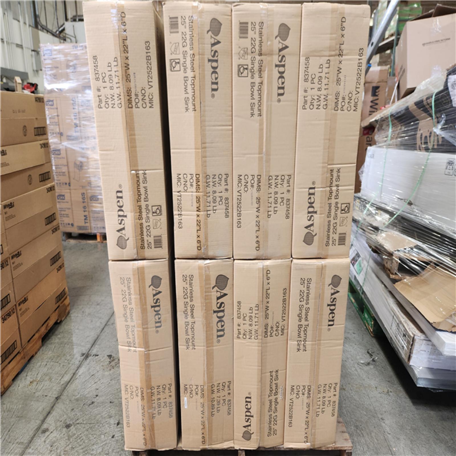 Phoenix Location NEW Aspen Stainless Steel Top mount 25 22G Single Bowl Sink Pallet (16 Sinks) (SEALED)
