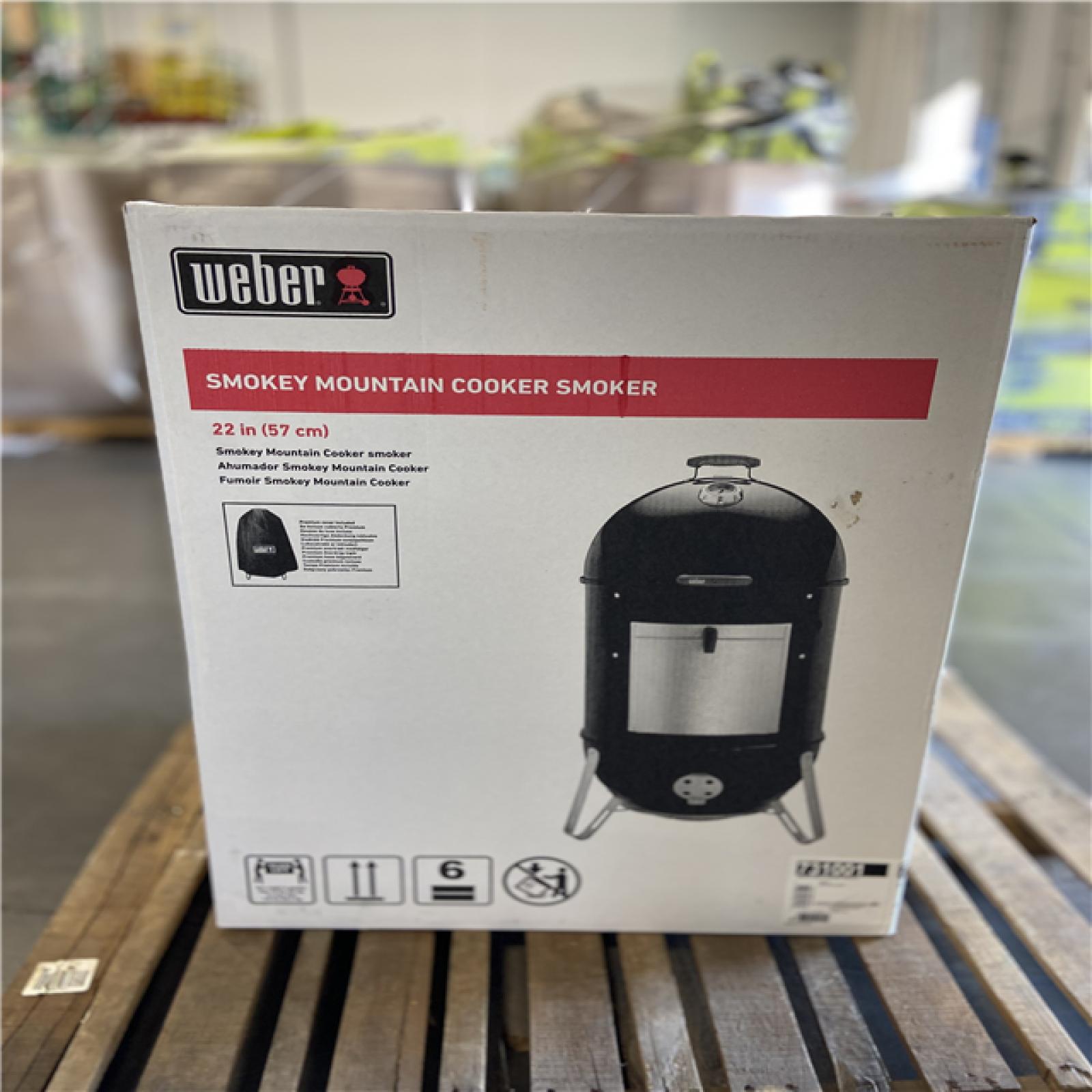 DALLAS LOCATION - Weber 22 in. Smokey Mountain Cooker Smoker in Black with Cover and Built-In Thermometer