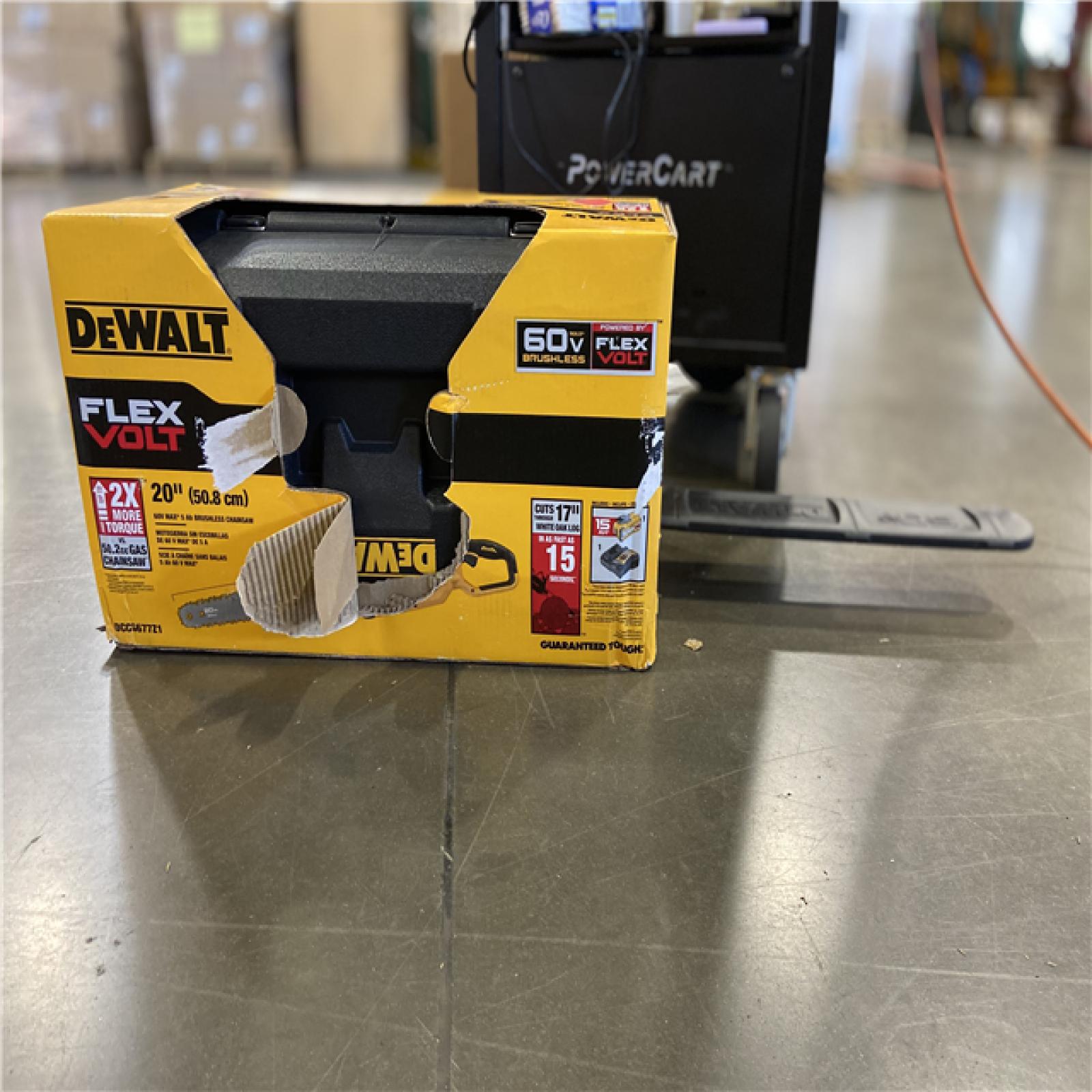 AS-IS DEWALT FLEXVOLT 60V MAX 20 in. Brushless Electric Cordless Chainsaw Kit and Carry Case with (1) FLEXVOLT 5 Ah Battery & Charger