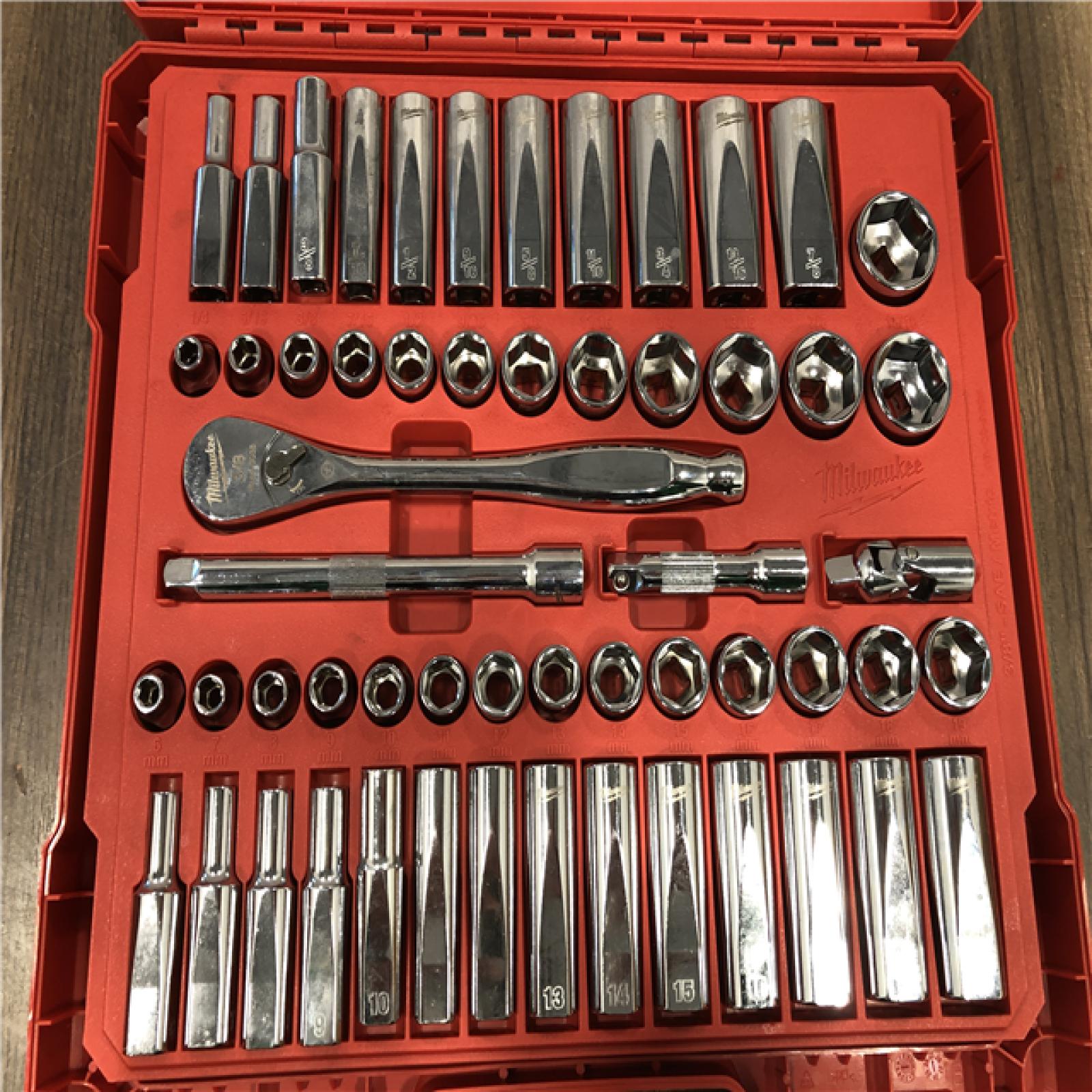 AS-IS Milwaukee 3/8 in. Drive SAE/Metric Ratchet and Socket Mechanics Tool Set (56-Piece)