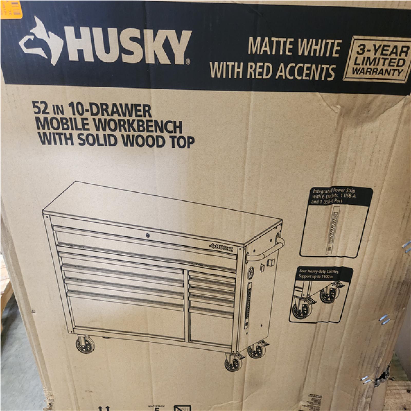 Phoenix NEW Husky Standard-Duty 52 in. W 10-Drawer Matte White w/ Carbon Fiber Trim Mobile Workbench Cabinet and Solid Wood Top