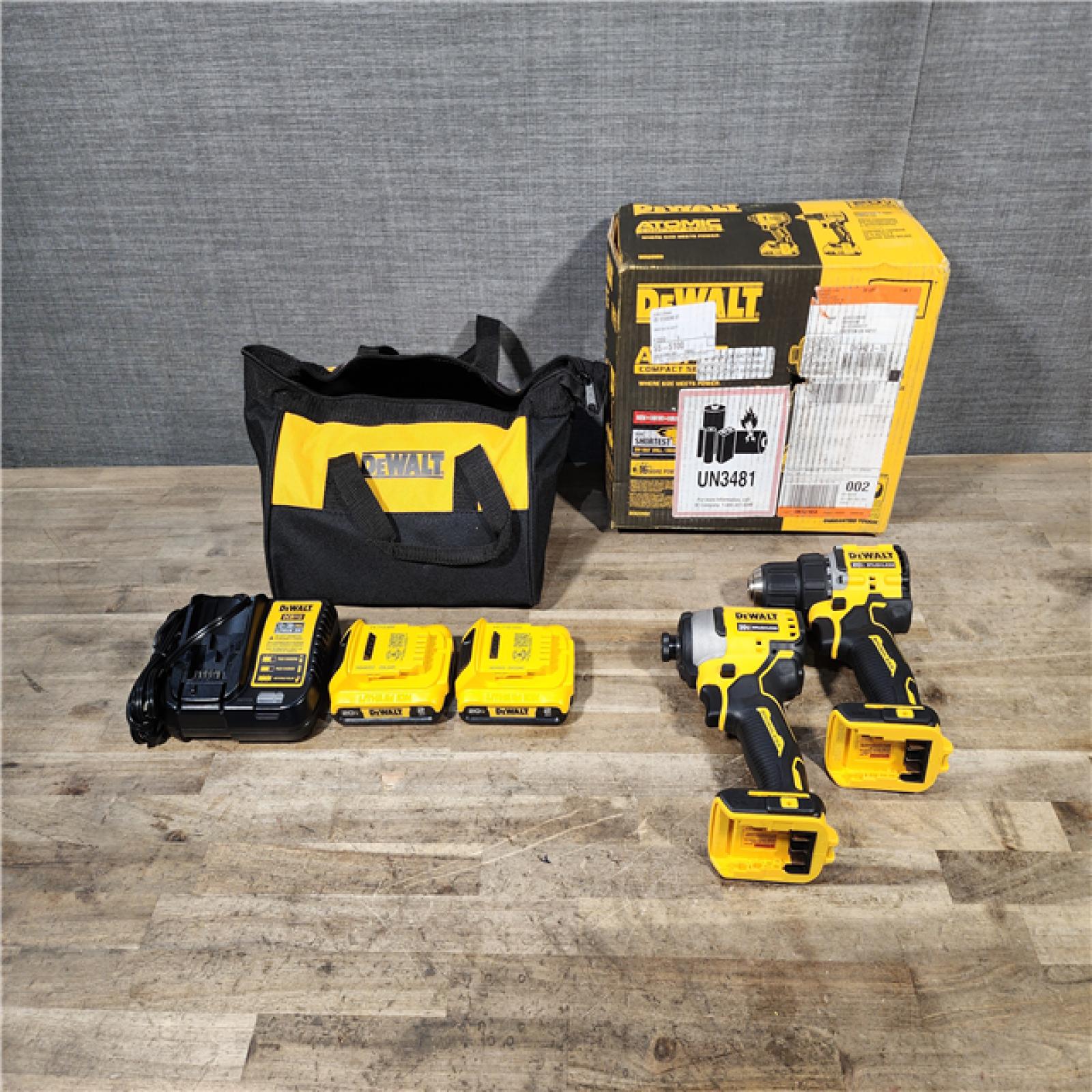 HOUSTON LOCATION - AS-IS Dewalt DCK225D2 20V MAX ATOMIC Brushless Compact Lithium-Ion 1/2 in. Cordless Drill Driver and 1/4 in. Impact Driver Combo Kit with 2 Batteries 2 Ah