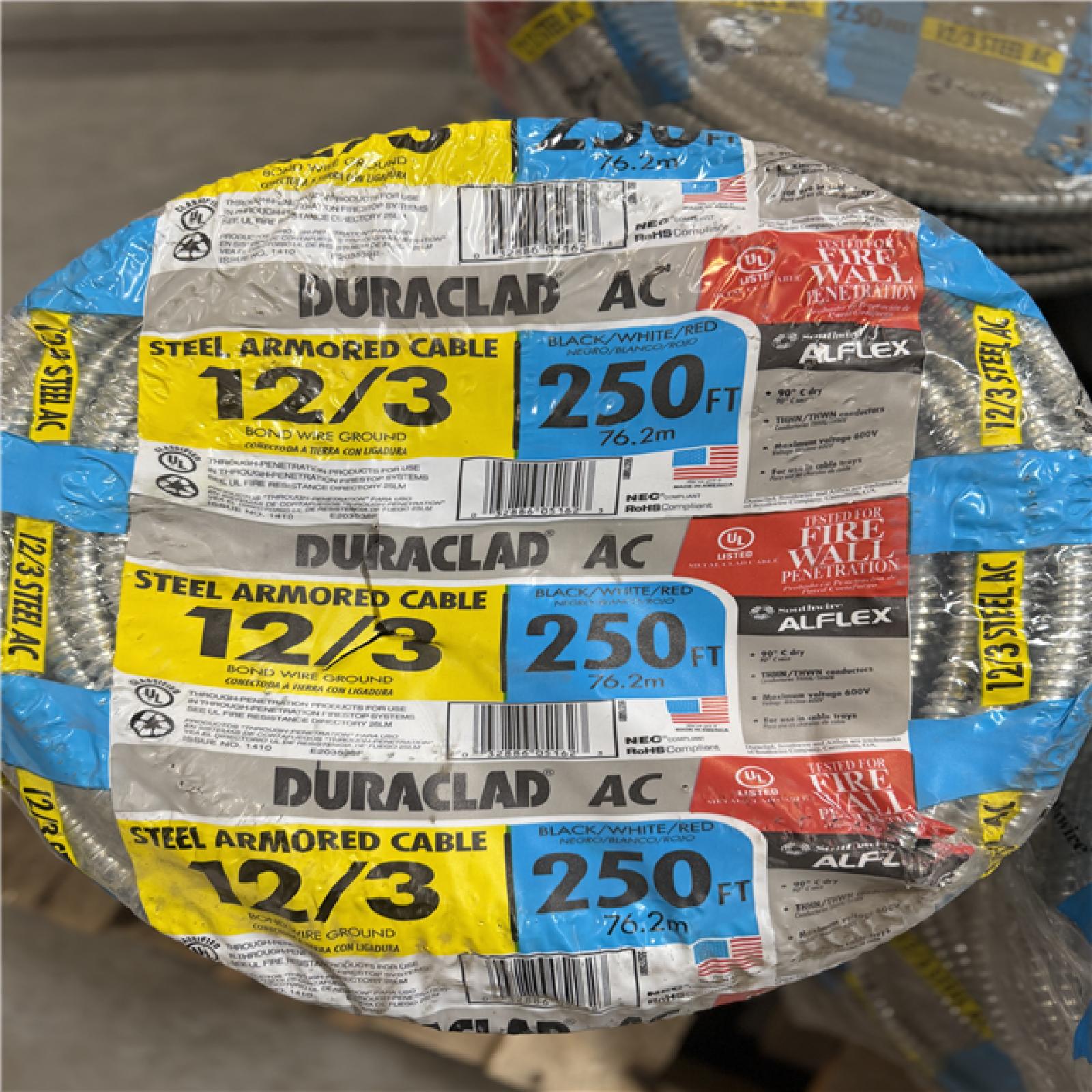 DALLAS LOCATION - Southwire 250 ft. 12/3 600-Volt Duraclad Type BX/AC SA Light-Weight Steel Armored Cable Coil PALLET-(12 UNITS)