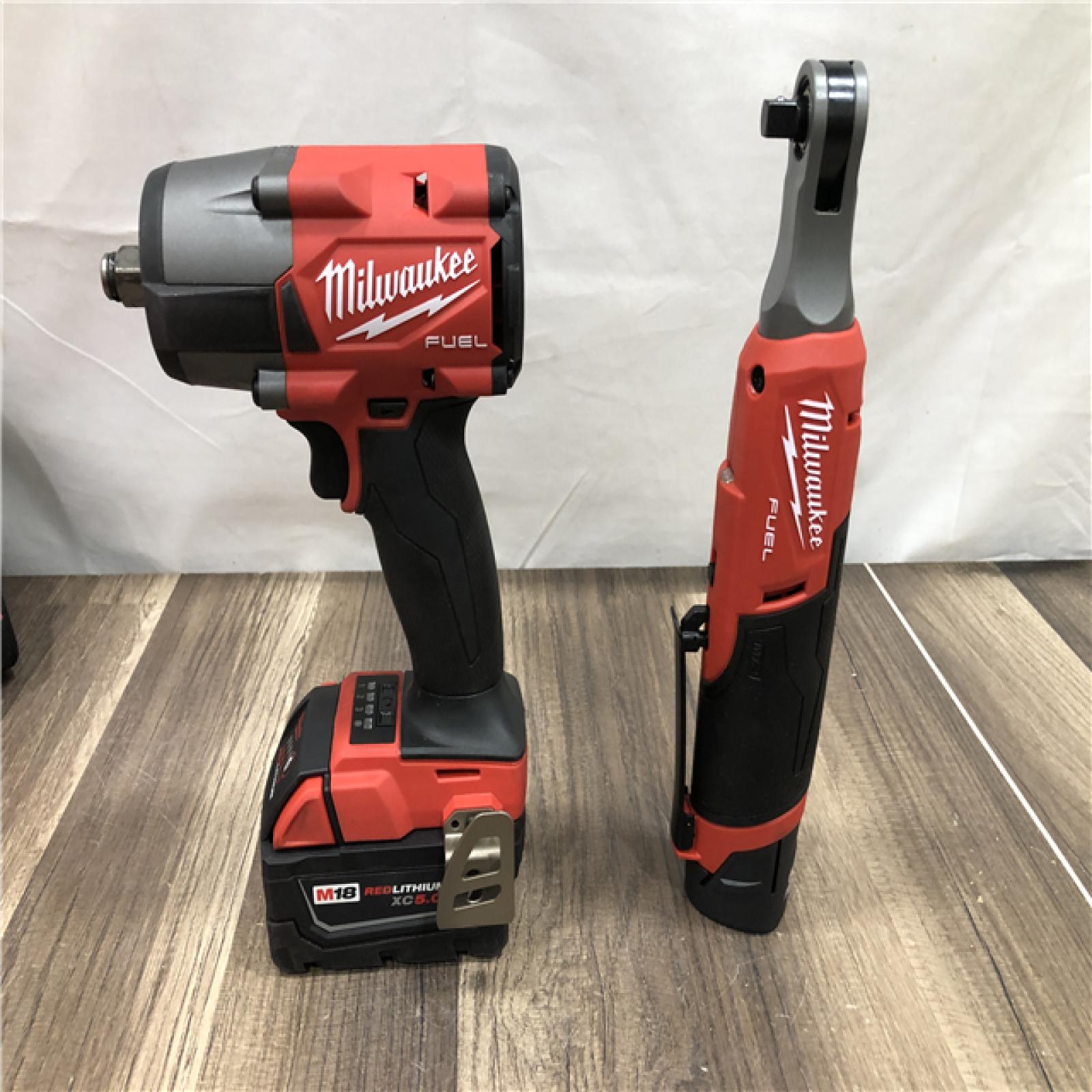 AS-IS Milwaukee FUEL 18V Cordless Mid Torque 1/2 in. Impact Wrench w/ M12 FUEL 3/8 in. Ratchet & Battery/Charger Combo Kit