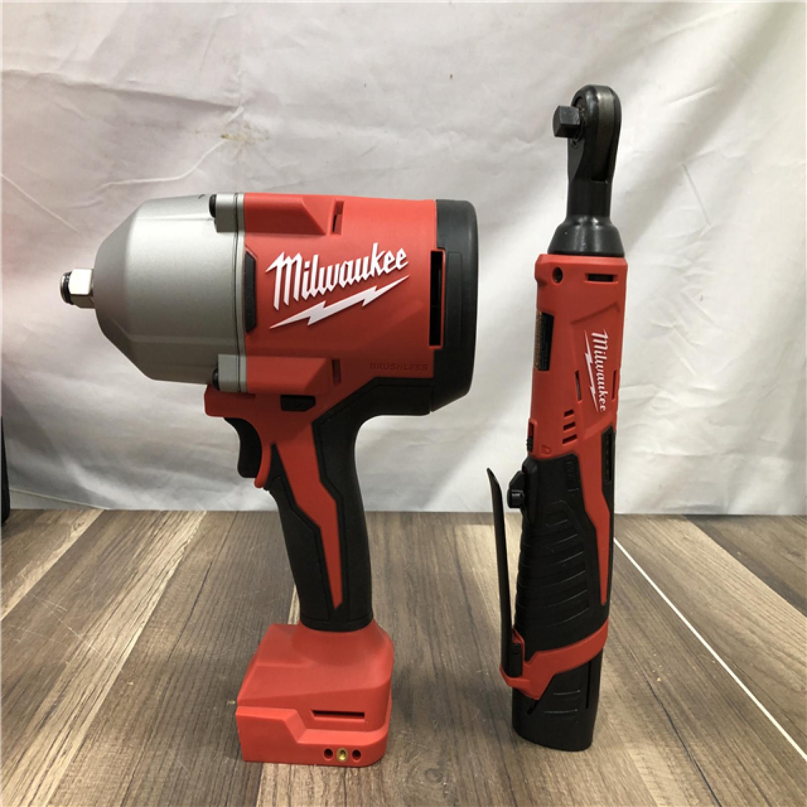 AS-IS Milwaukee 12/18V Lithium-Ion Cordless 3/8 in. Ratchet and 1/2 in. High Torque Impact Wrench with Friction Ring Combo Kit