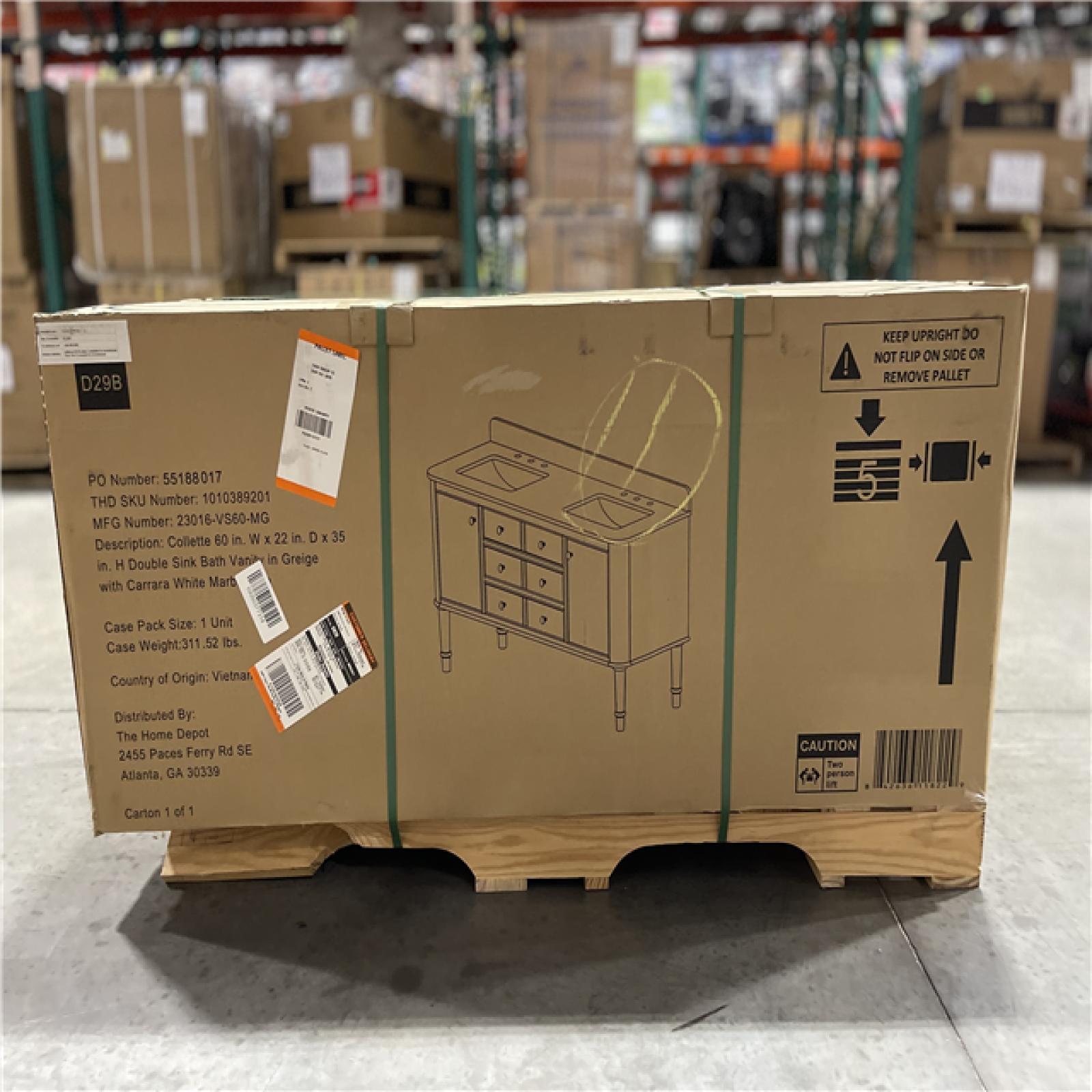 DALLAS LOCATION- Home Decorators Collection Collette 60 in. Double Sink Greige Bath Vanity with White Carrara Marble Top (Assembled)