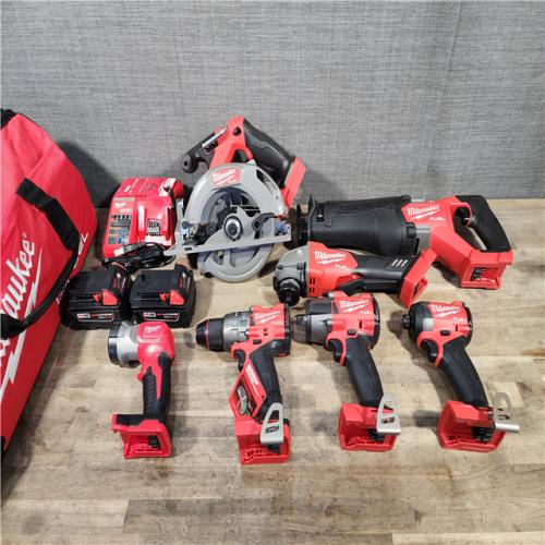 HOUSTON LOCATION - AS-IS (APPEARS LIKE NEW) Milwaukee M18 FUEL 18V Lithium-Ion Brushless Cordless Combo Kit with Two 5.0 Ah Batteries  1 Charger  2 Tool Bags (7-Tool)