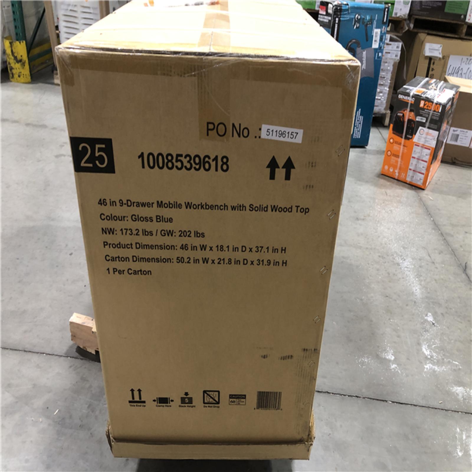 DALLAS LOCATION -  Husky Tool Storage 46 in. W x 18 in. D 9-Drawer Gloss Blue Mobile Workbench Cabinet