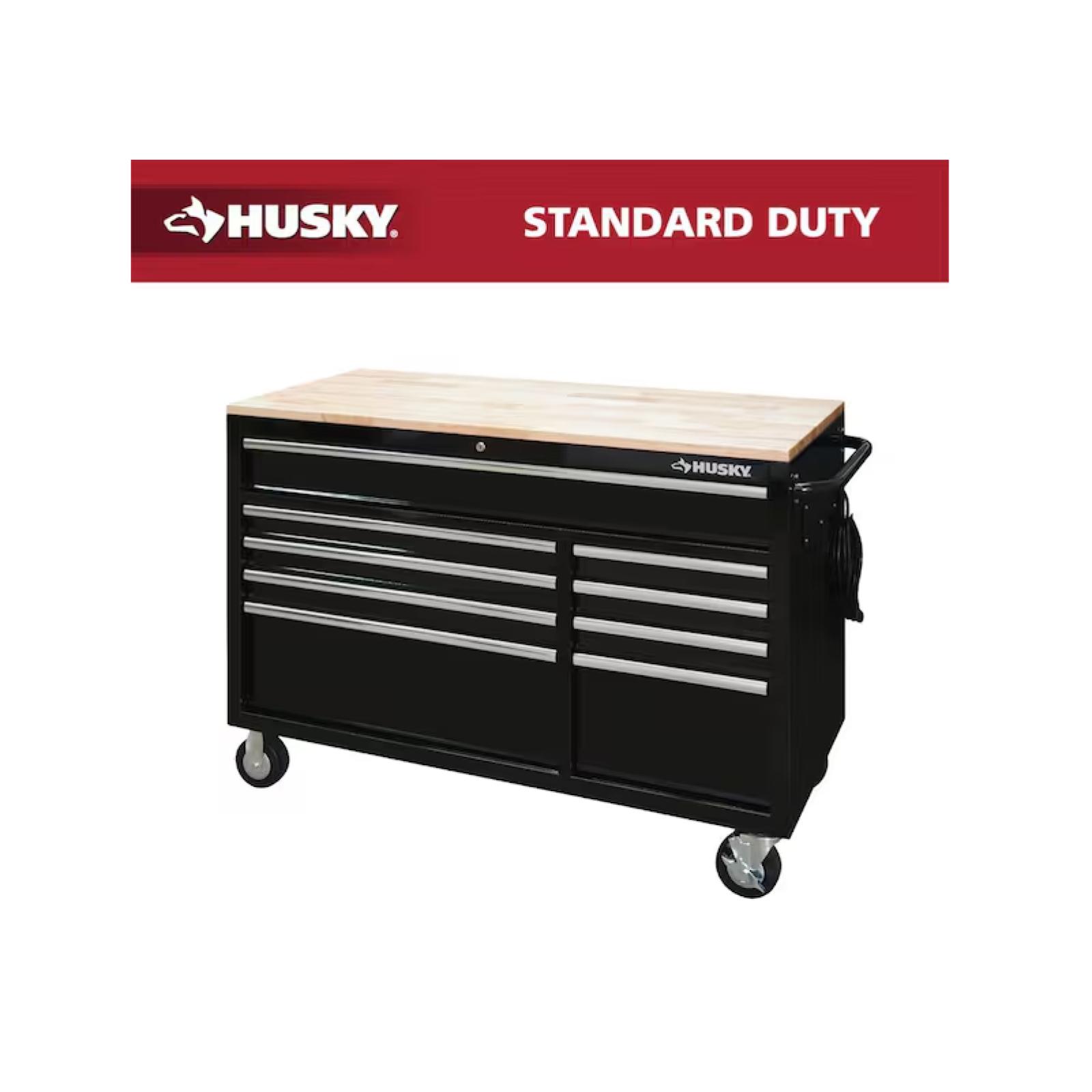 DALLAS LOCATION - Husky 52 in. W x 25 in. D Standard Duty 9-Drawer Mobile Workbench Tool Chest with Solid Wood Top in Gloss Black